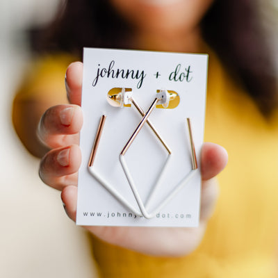 Gold Rosalie Geometric Hoops with White Matte Coating.
