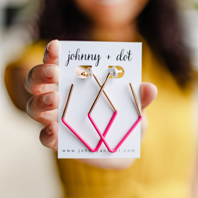 Gold Rosalie Geometric Hoops with Bright Pink Matte Coating.