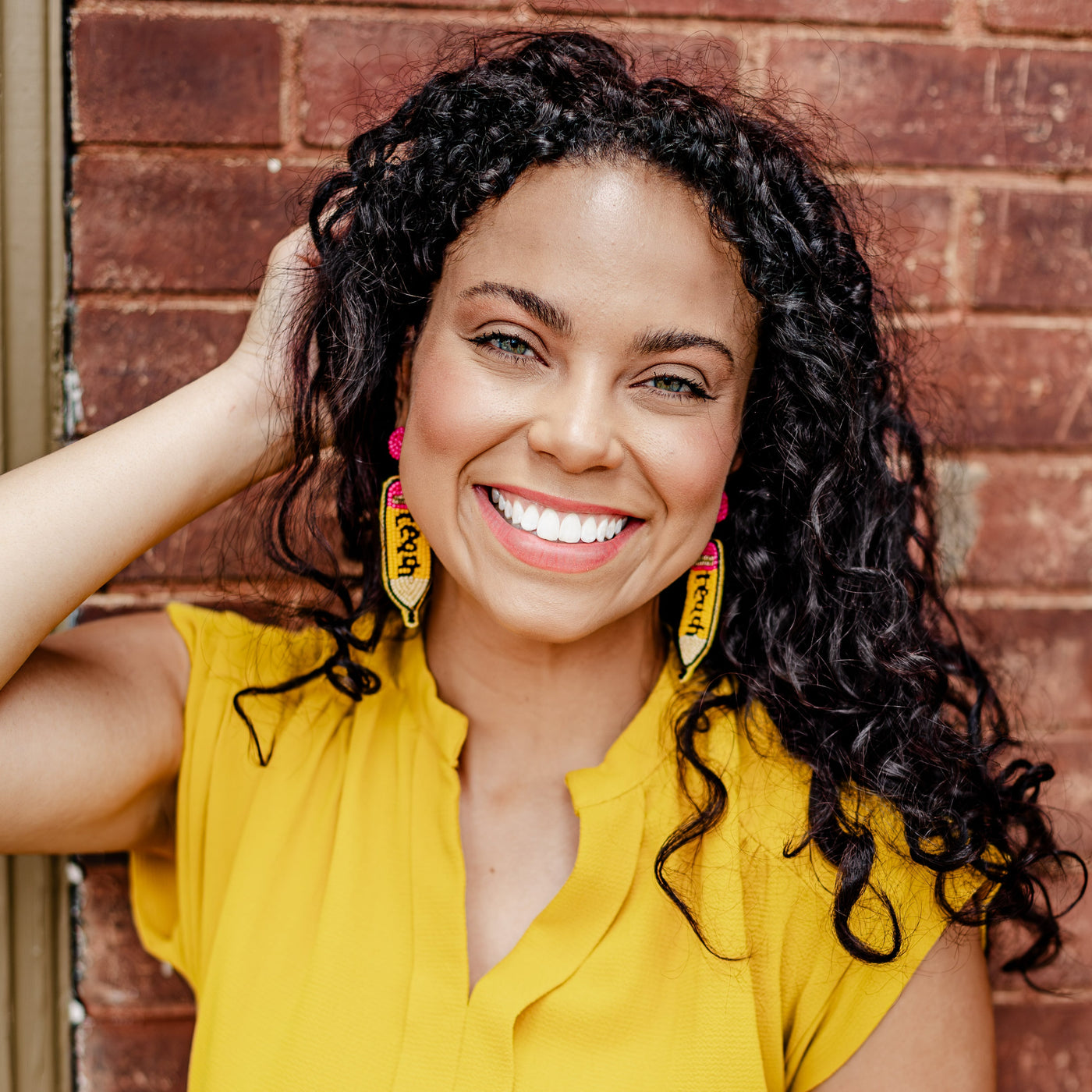 Yellow Beaded Pencil Shaped Earrings on Model