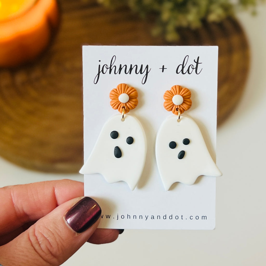 White Ghost Clay Earring with Orange Flower – Johnny Dot