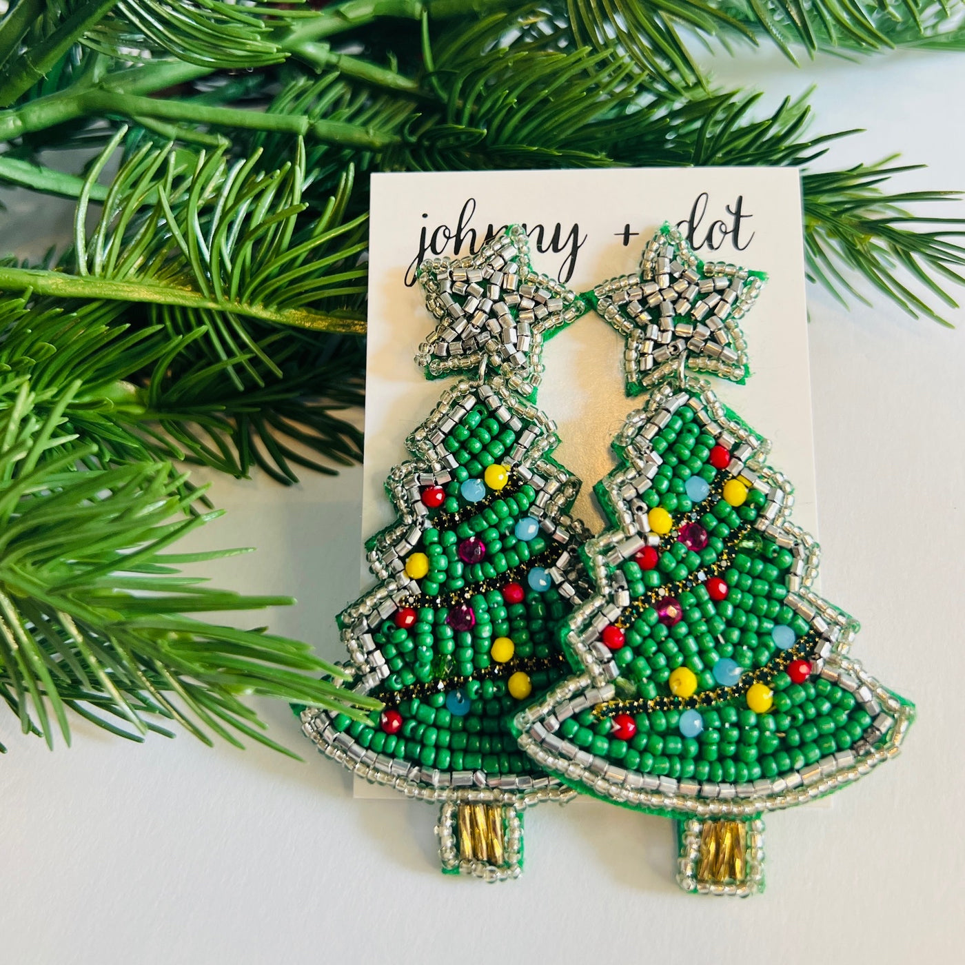 Beaded Green Christmas Tree Earrings