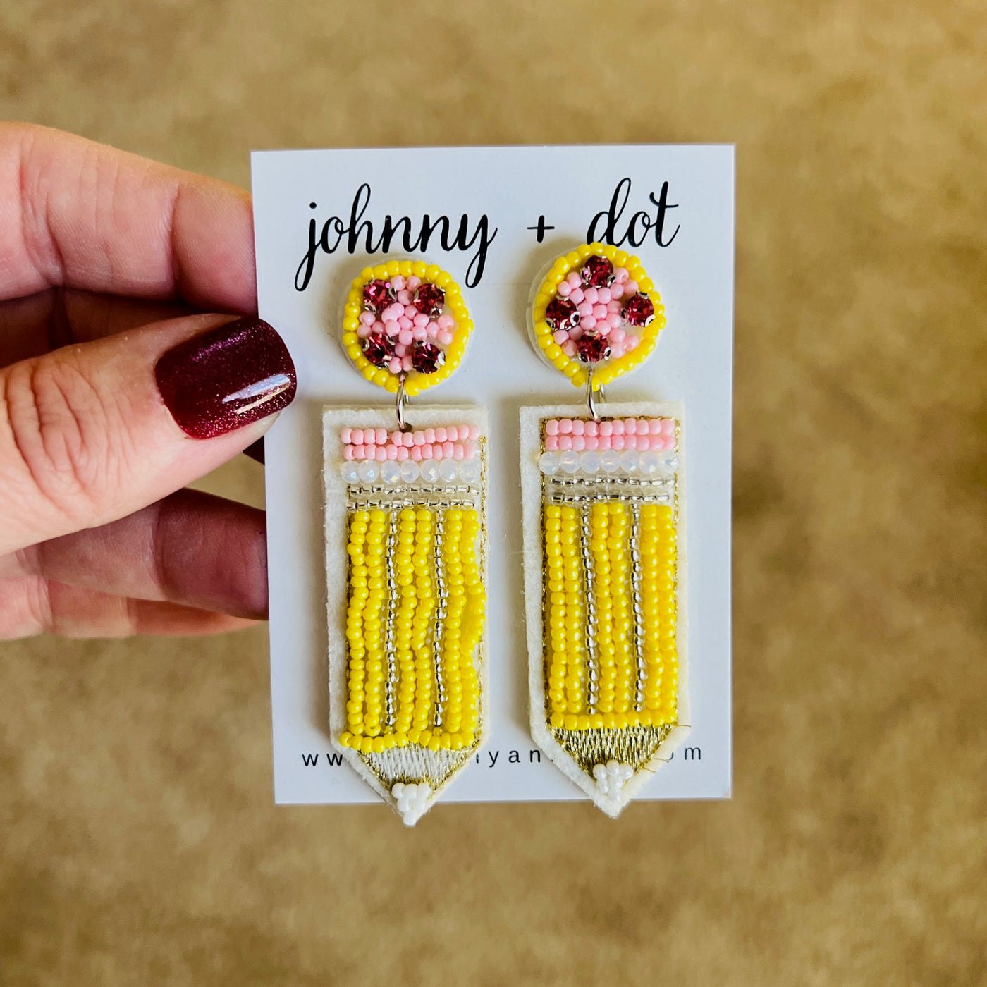 Beaded Heart Pencil Earrings in Yellow