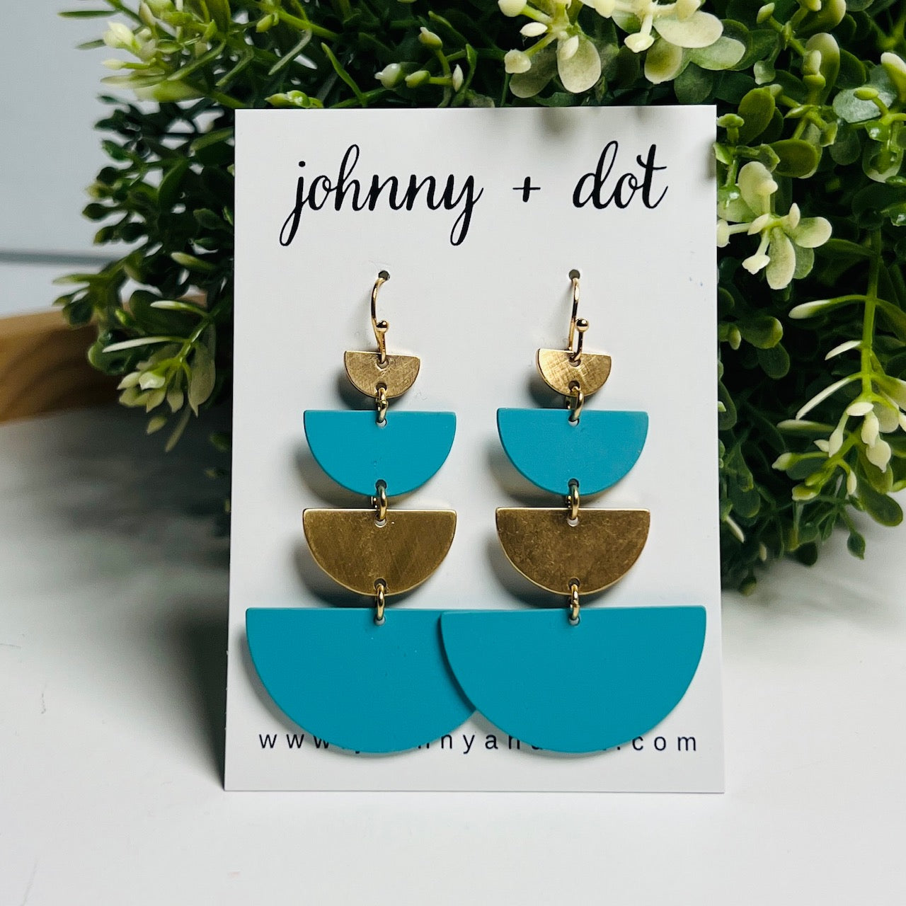 Teal + Gold Tiered Half-Moon Dangle Earrings