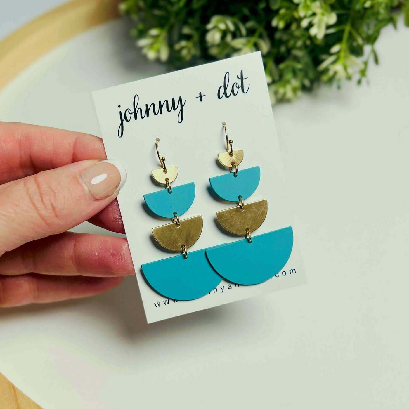 Teal + Gold Tiered Half-Moon Dangle Earrings