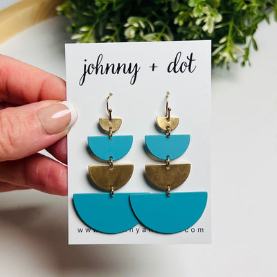 Teal + Gold Tiered Half-Moon Dangle Earrings