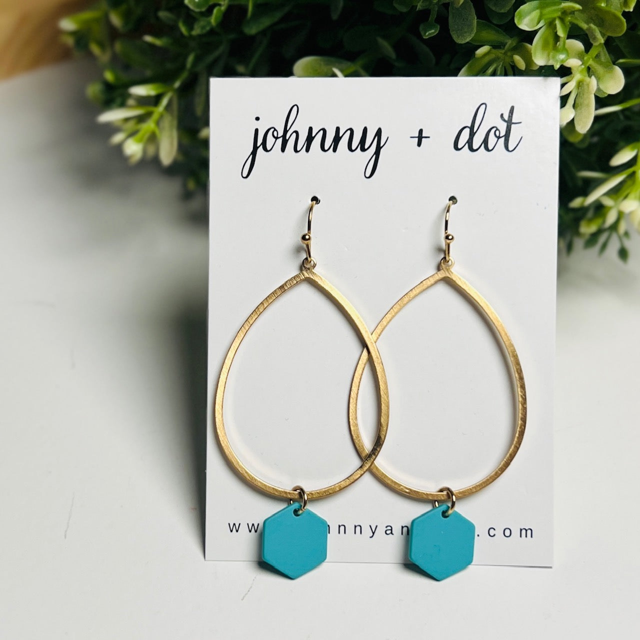 Gold Teardrop + Teal Hexagon Earrings