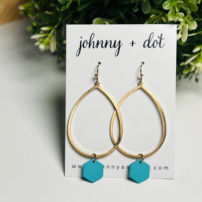 Gold Teardrop + Teal Hexagon Earrings