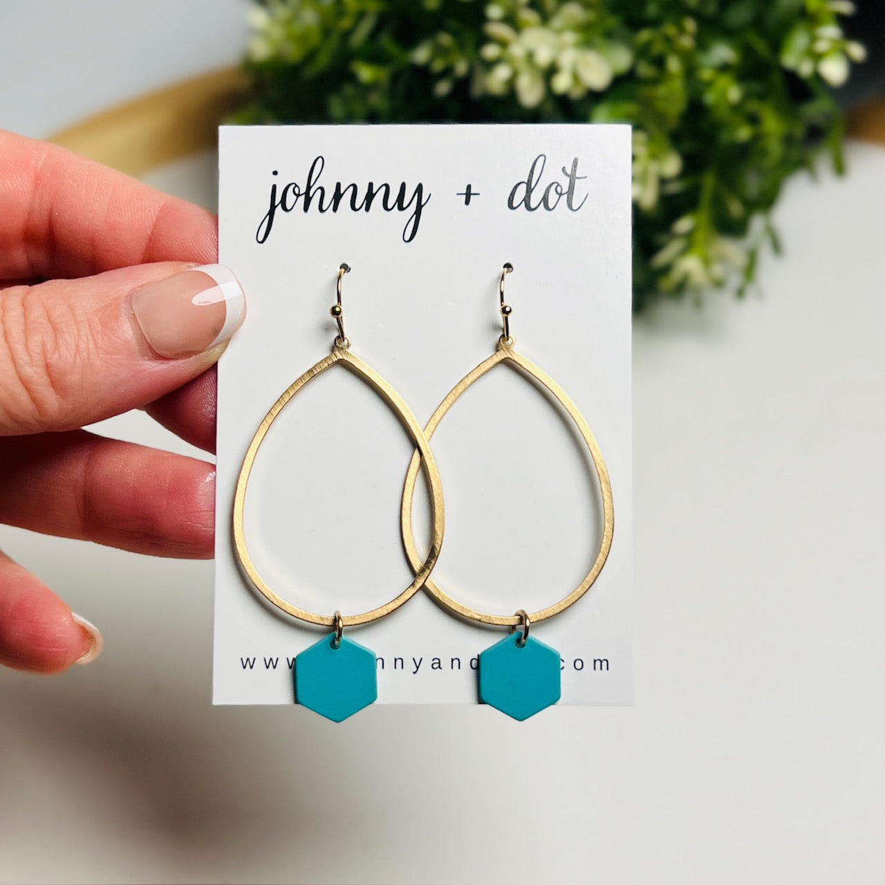 Gold Teardrop + Teal Hexagon Earrings