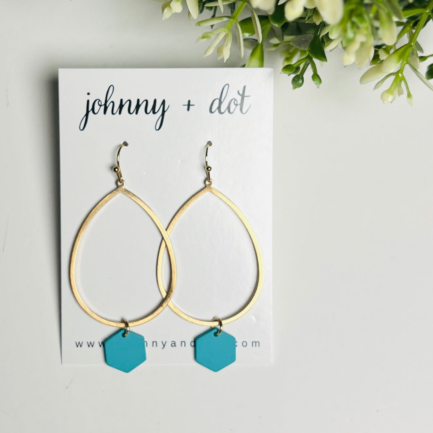Gold Teardrop + Teal Hexagon Earrings