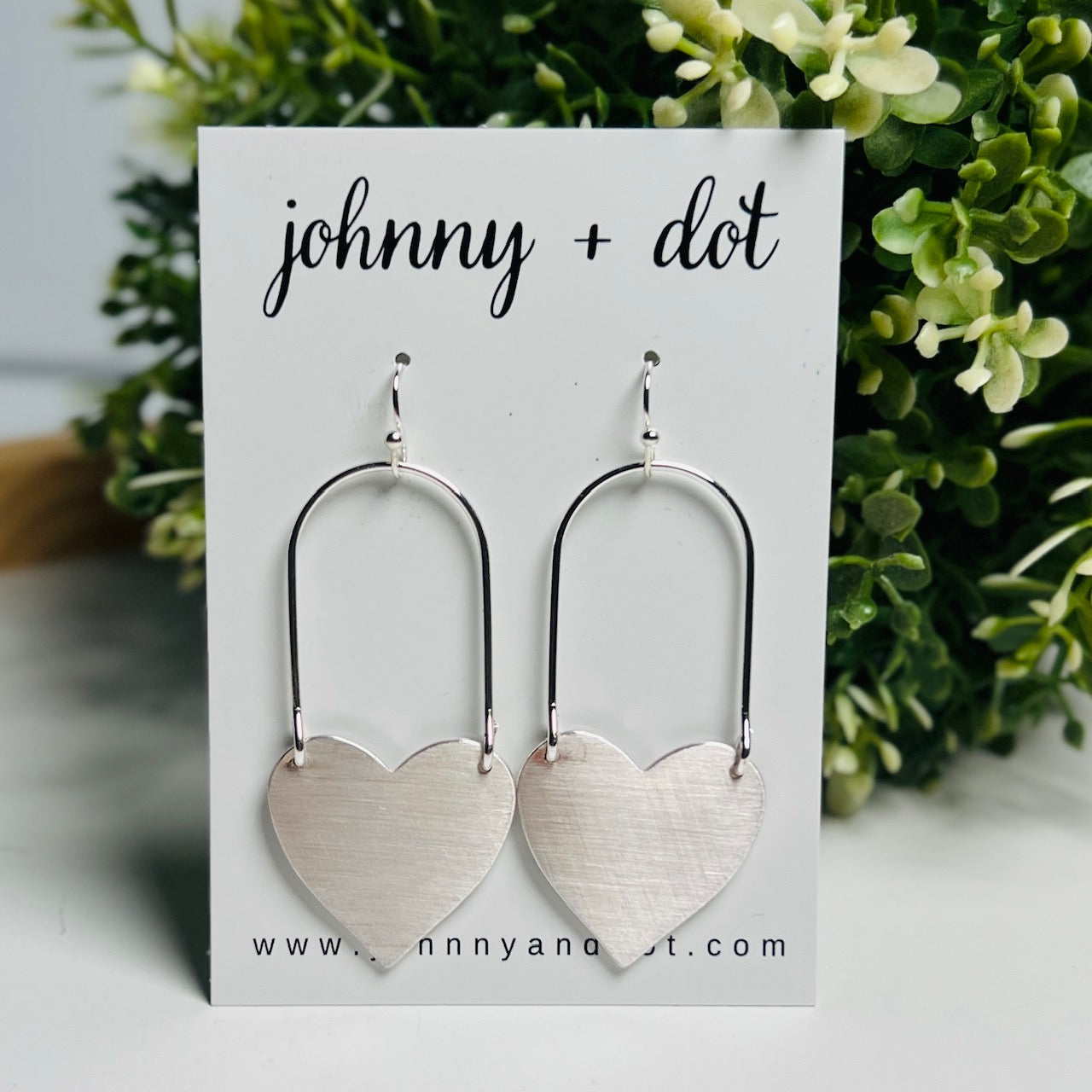 Brushed Silver Heart Drop Earrings