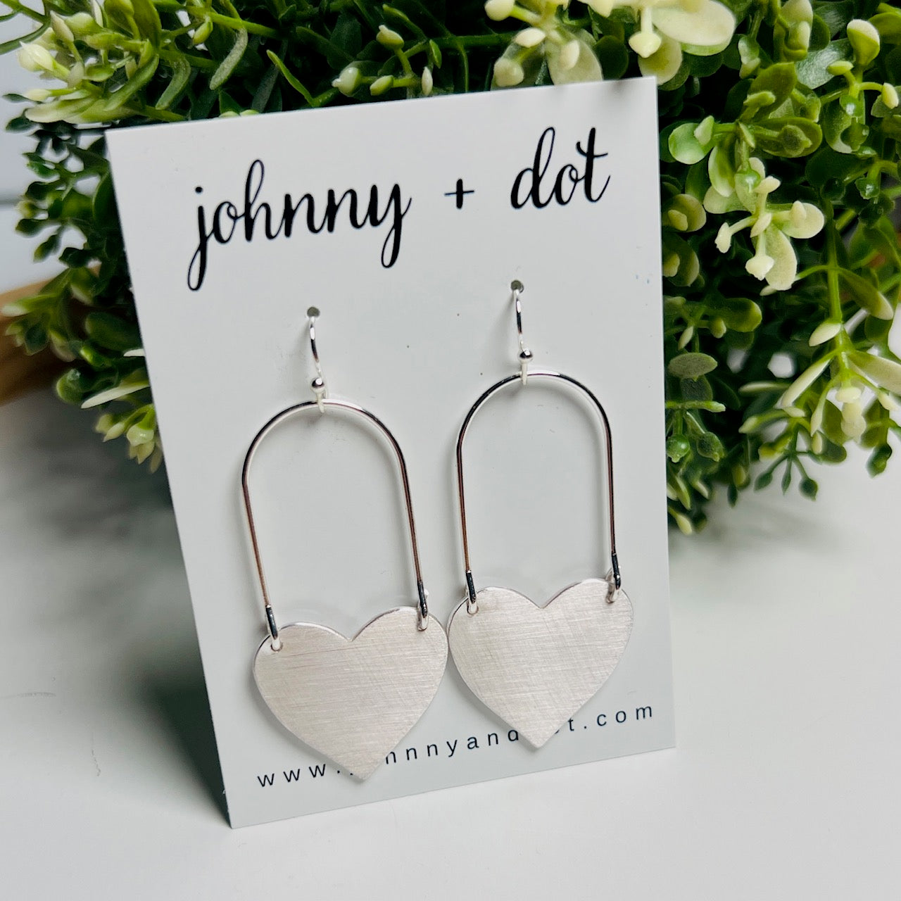 Brushed Silver Heart Drop Earrings