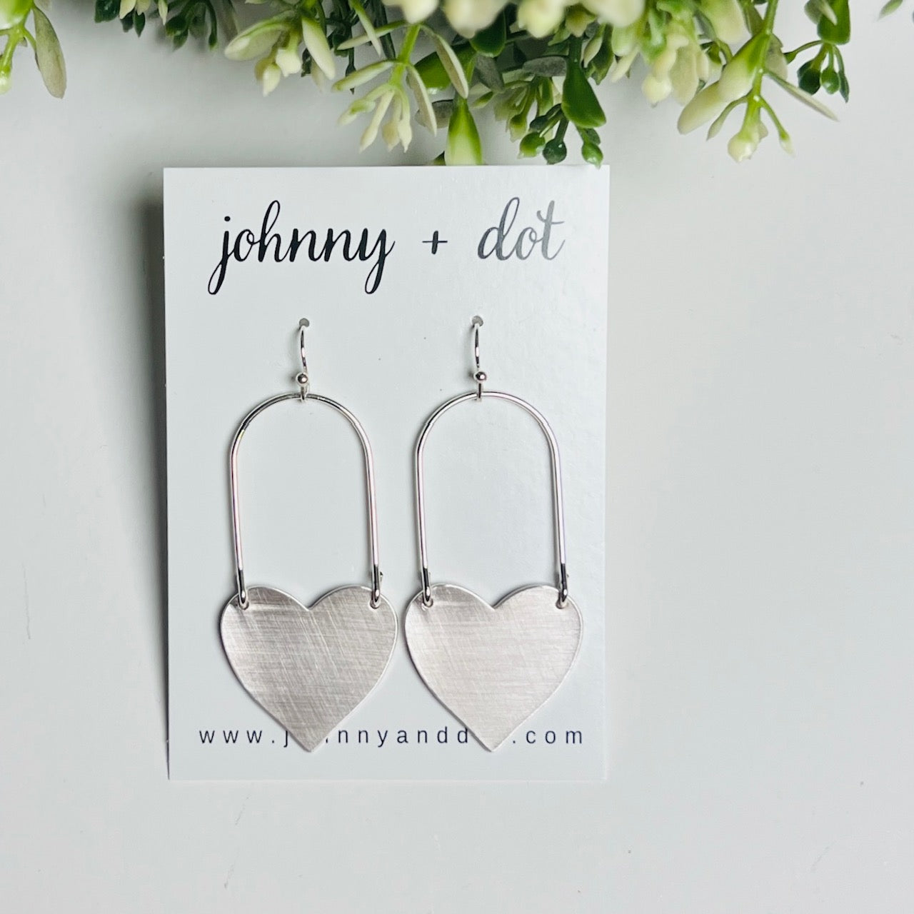 Brushed Silver Heart Drop Earrings