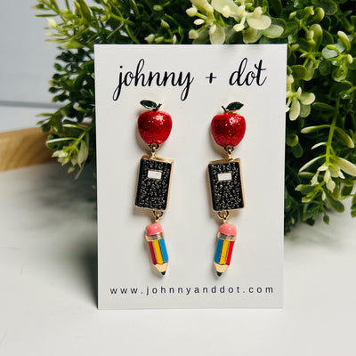 Apple, Notebook & Pencil Dangle Earrings