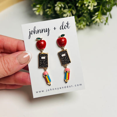 Apple, Notebook & Pencil Dangle Earrings