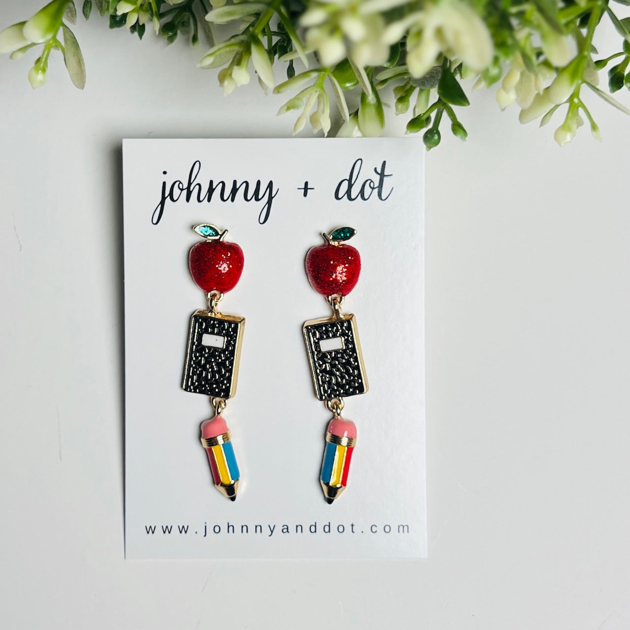 Apple, Notebook & Pencil Dangle Earrings