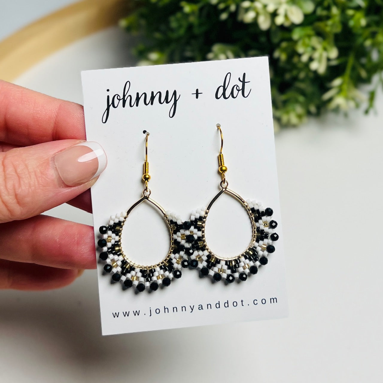 Black + White Beaded Mini Teardrop Earrings