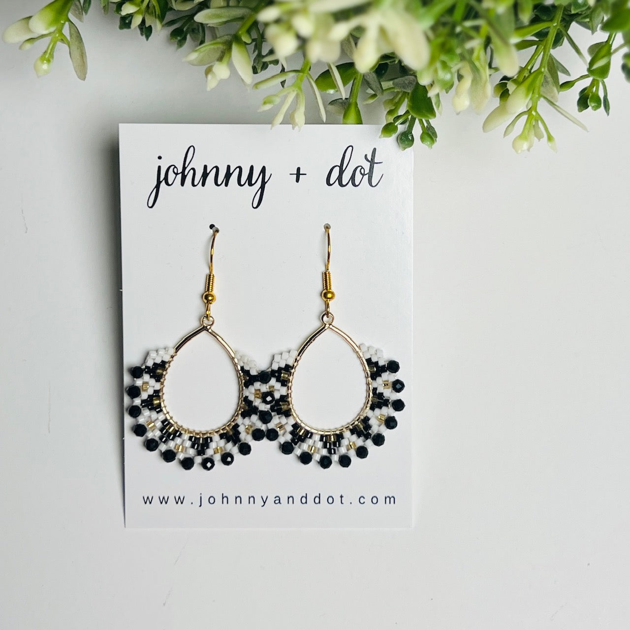 Black + White Beaded Mini Teardrop Earrings