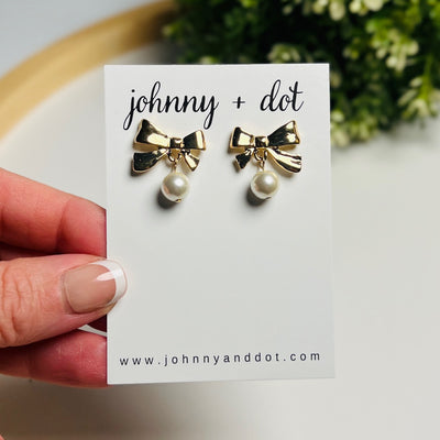 Gold Bow + Pearl Drop Studs