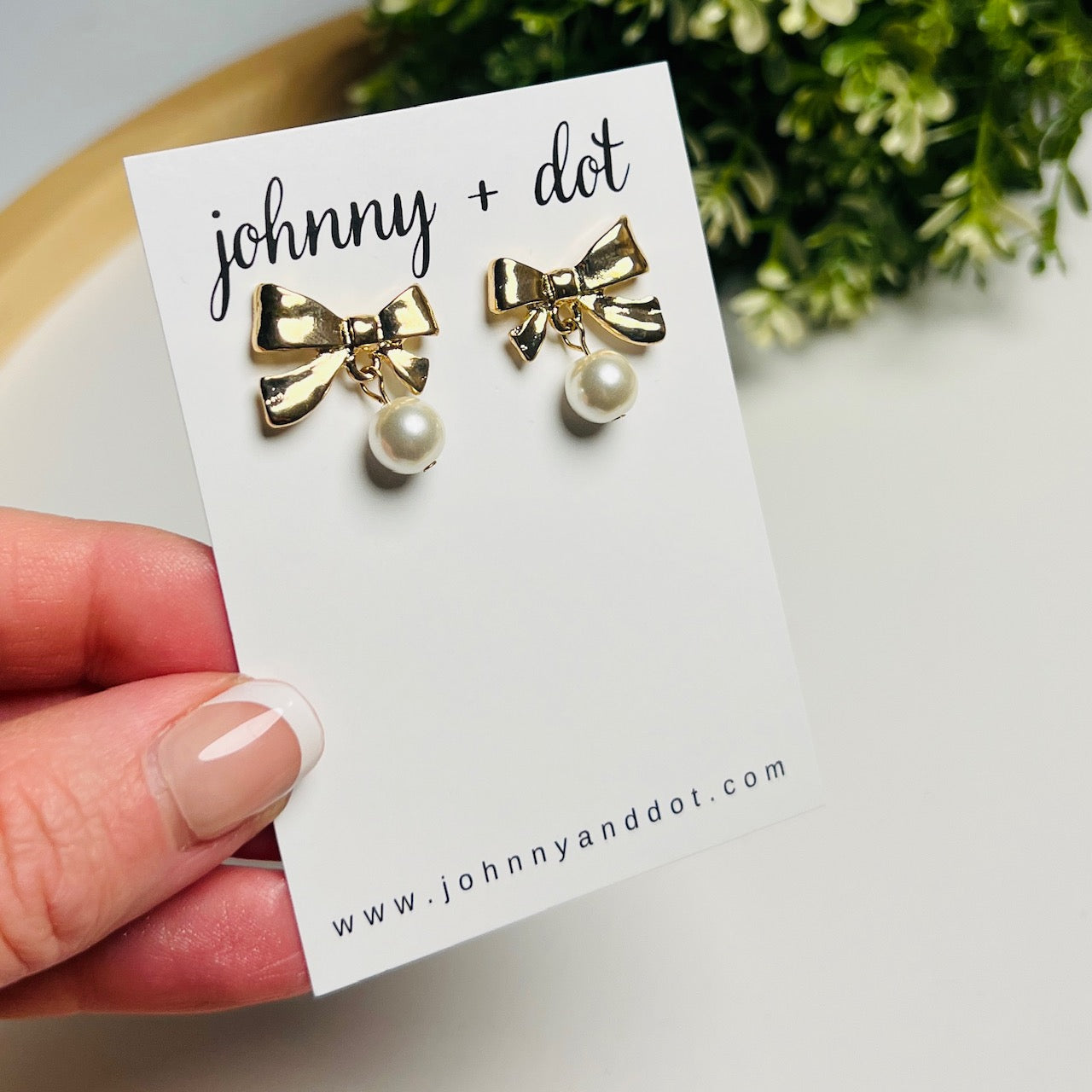Gold Bow + Pearl Drop Studs