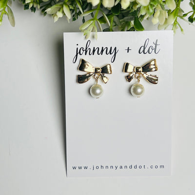 Gold Bow + Pearl Drop Studs