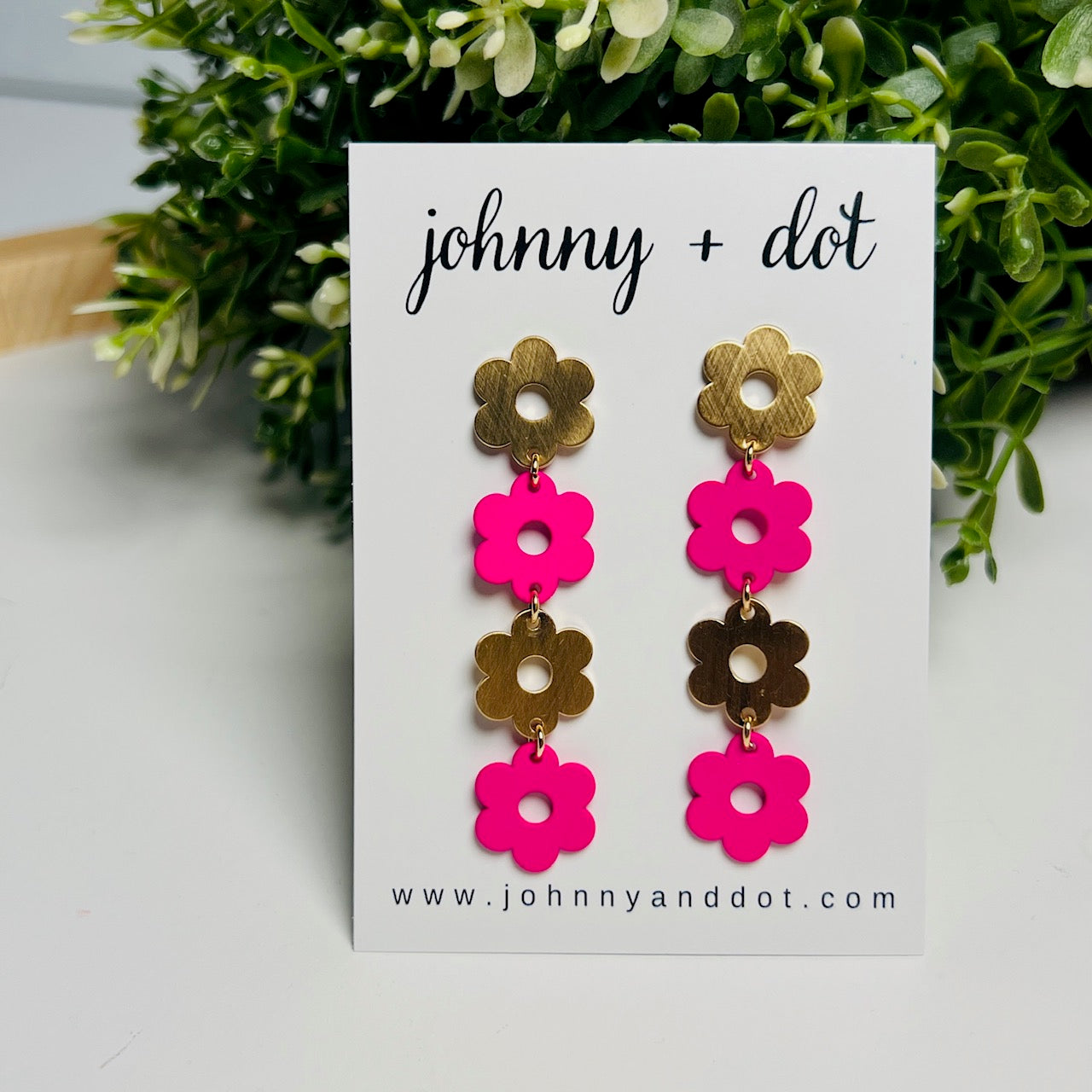 Gold + Hot Pink Flower Dangle Earrings