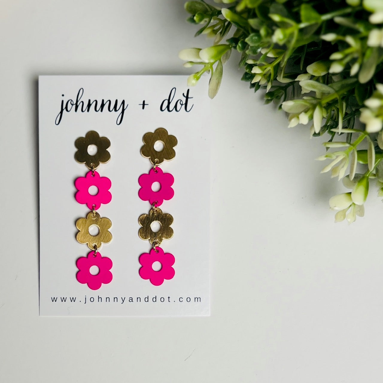 Gold + Hot Pink Flower Dangle Earrings