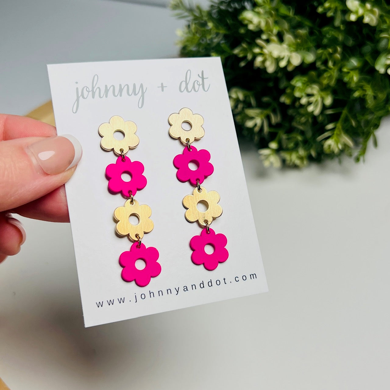 Gold + Hot Pink Flower Dangle Earrings