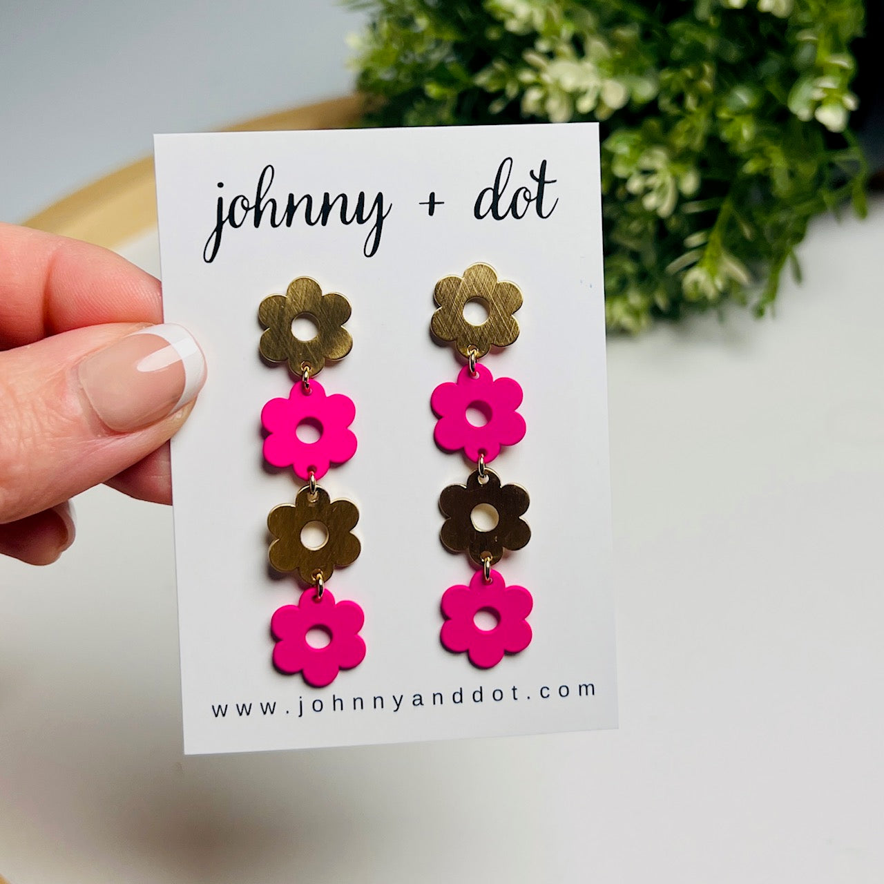 Gold + Hot Pink Flower Dangle Earrings