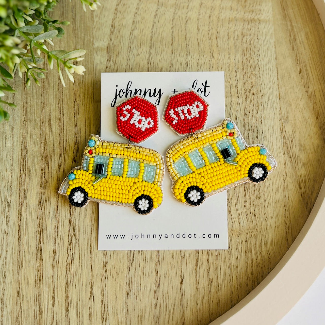 Beaded Yellow School Bus Earrings with Stop Sign