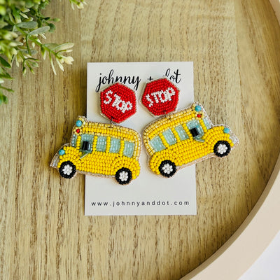 Beaded Yellow School Bus Earrings with Stop Sign