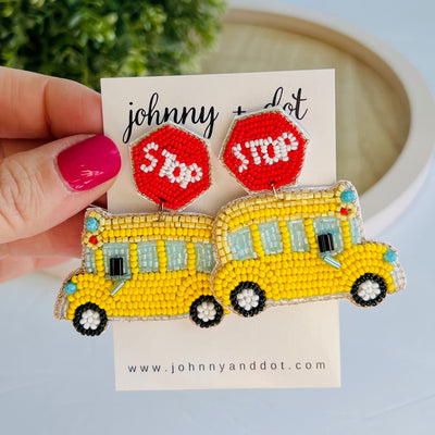 Beaded Yellow School Bus Earrings with Stop Sign
