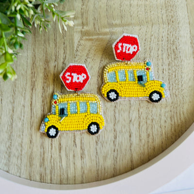 Beaded Yellow School Bus Earrings with Stop Sign