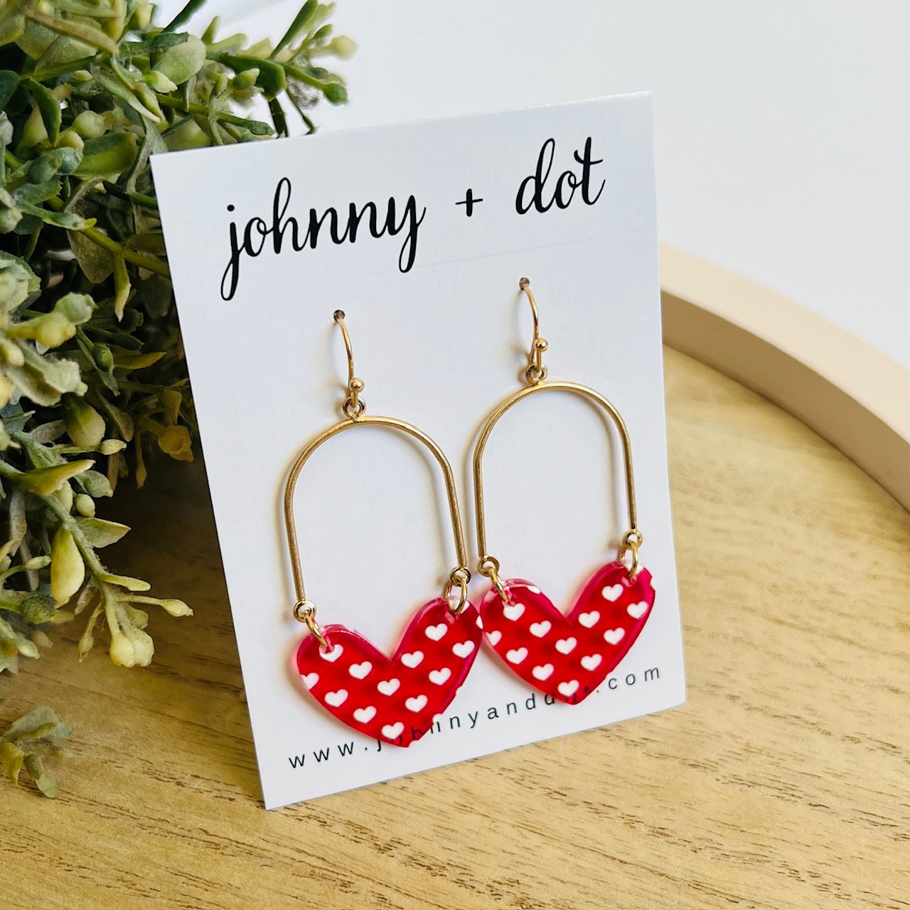 Red and White Heart Drop Earrings