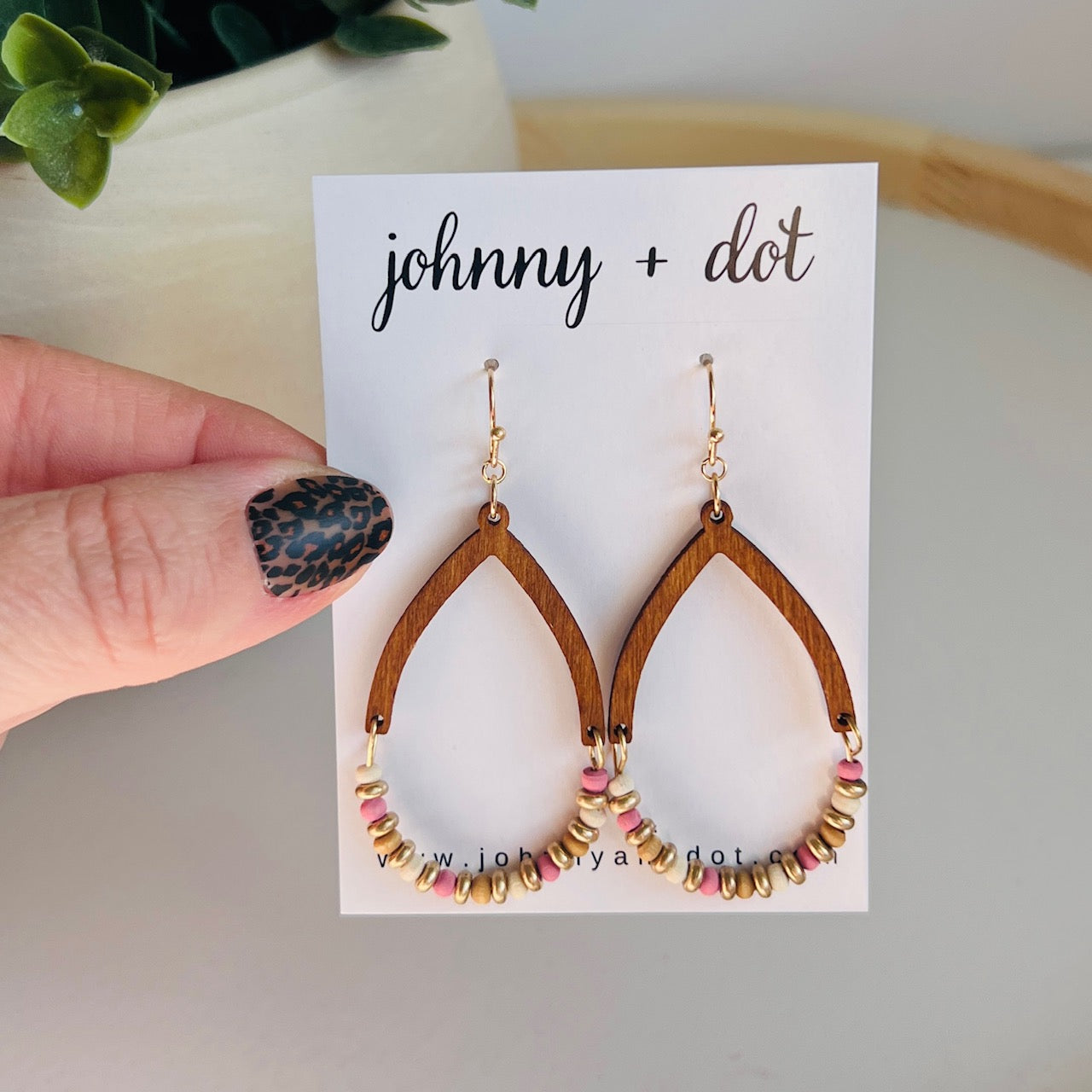 Wooden Bead Teardrop Earrings