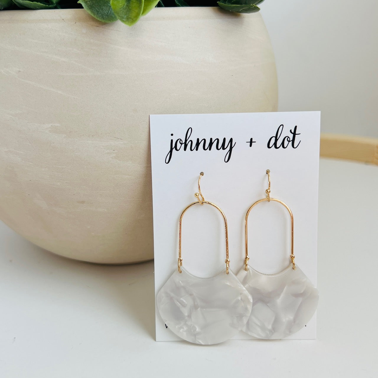 The Birdie Half Round Geometric Earrings in White Marble