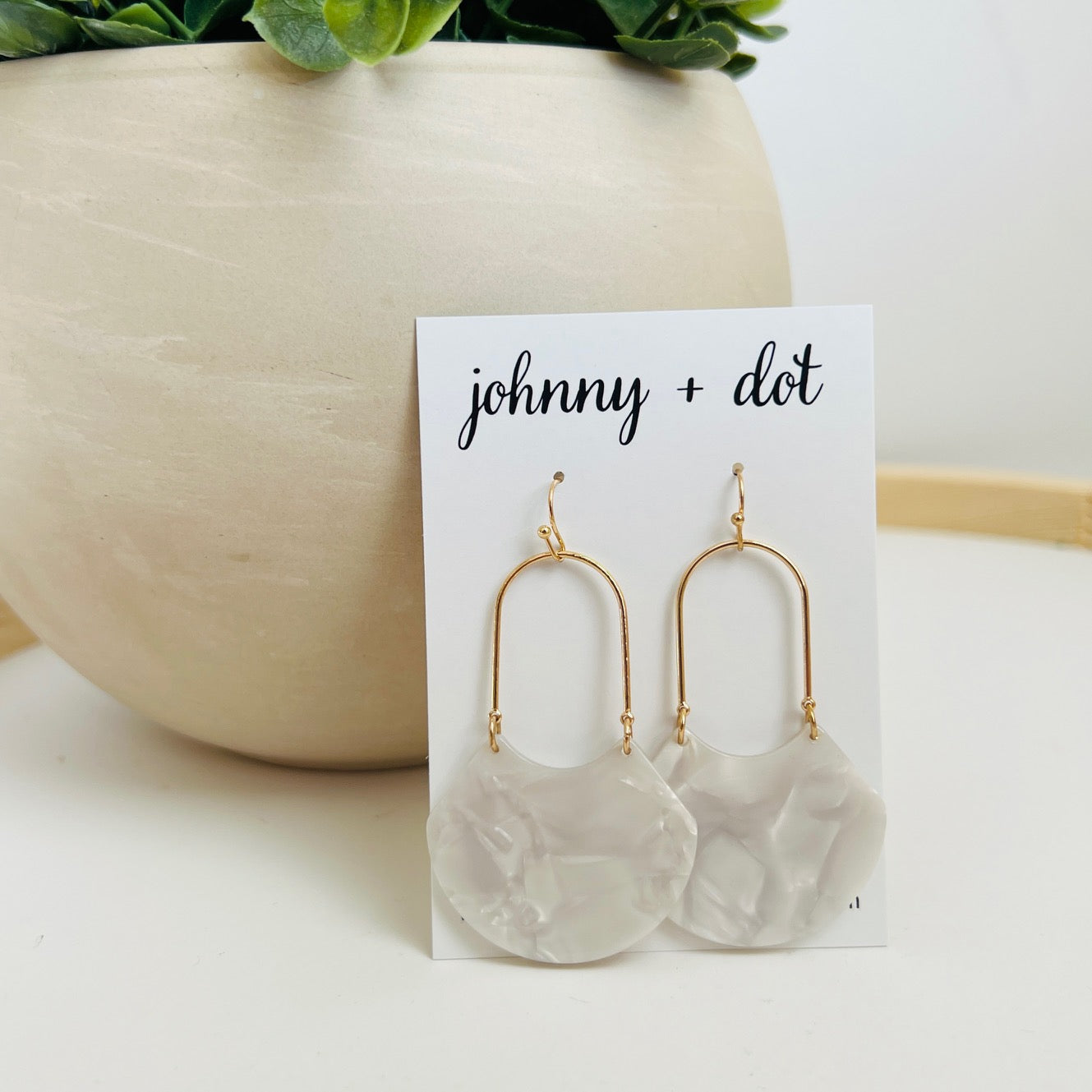 The Birdie Half Round Geometric Earrings in White Marble