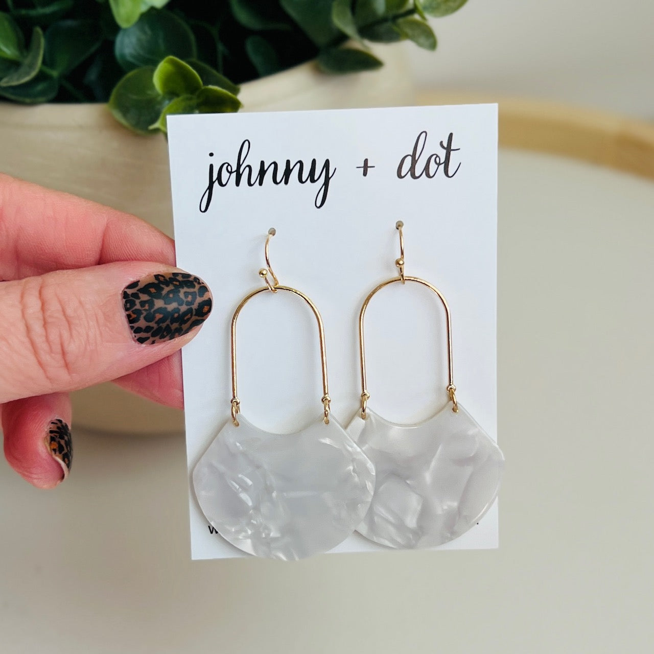 The Birdie Half Round Geometric Earrings in White Marble