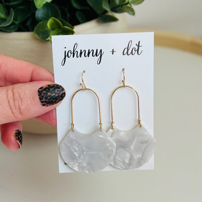 The Birdie Half Round Geometric Earrings in White Marble