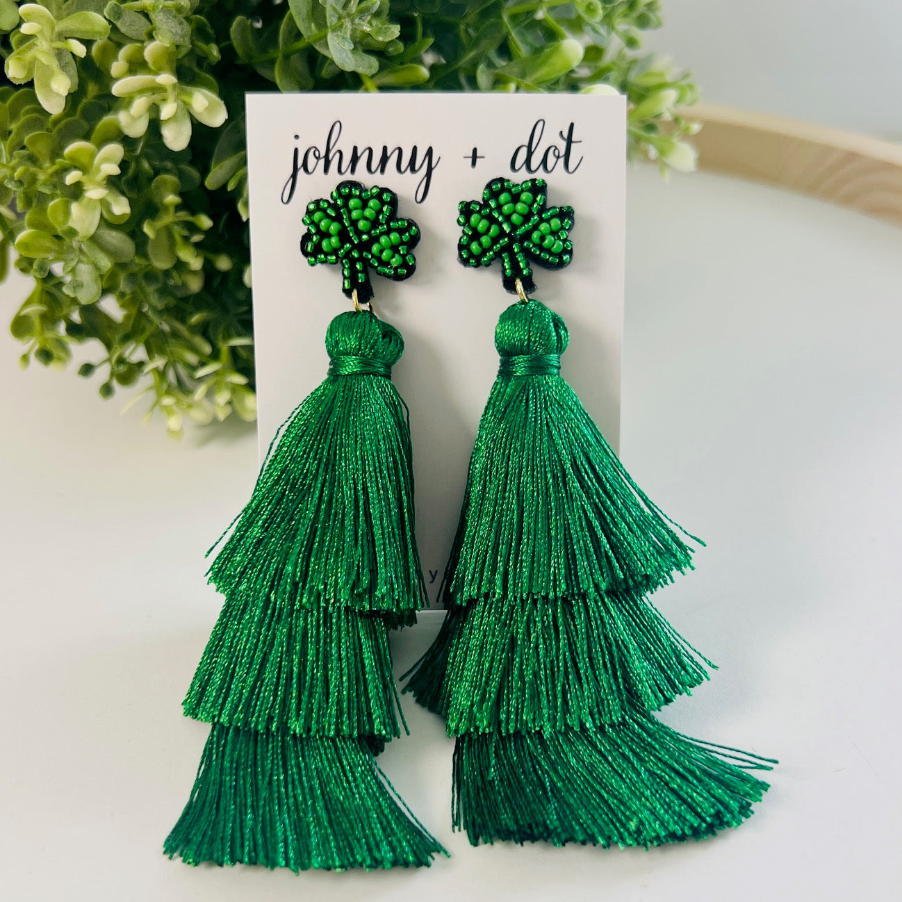 Triple-Tiered Green Tassel Statement Earrings