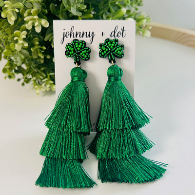 Triple-Tiered Green Tassel Statement Earrings