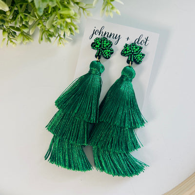 Triple-Tiered Green Tassel Statement Earrings