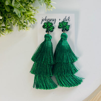 Triple-Tiered Green Tassel Statement Earrings
