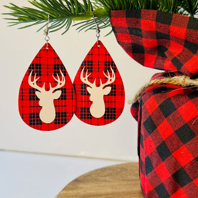 Buffalo Plaid Reindeer Teardrop Earrings