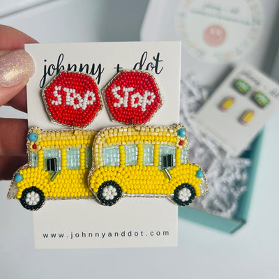 Beaded Yellow School Bus Earrings with Stop Sign