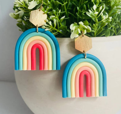 Boho Rainbow Clay Earrings (Blue)