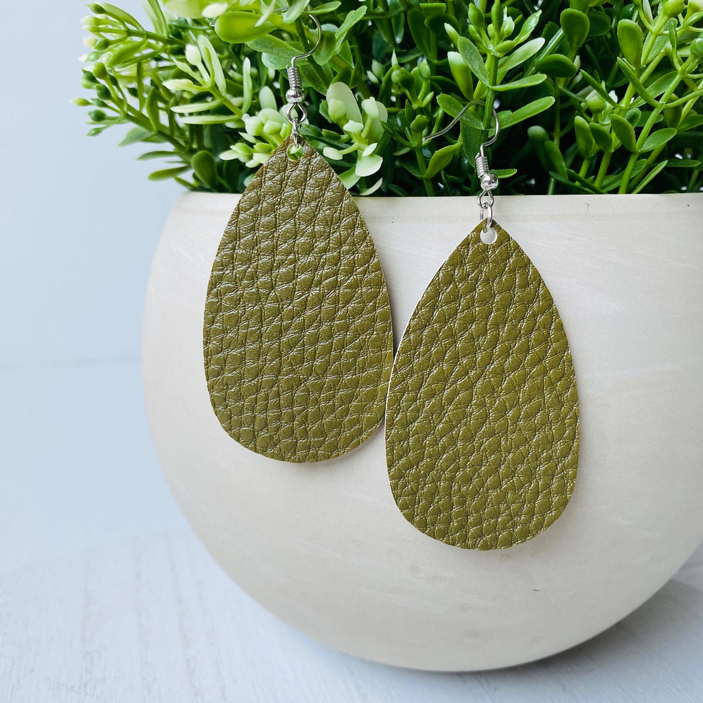 Olive Green Hammered Teardrop Earrings
