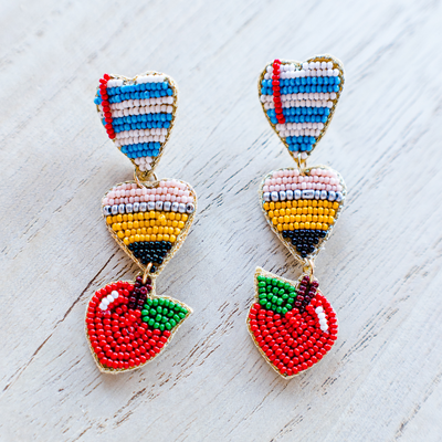 Beaded Paper Pencil Apple Dangle Earrings