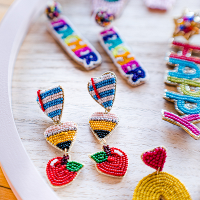 Beaded Paper Pencil Apple Dangle Earrings