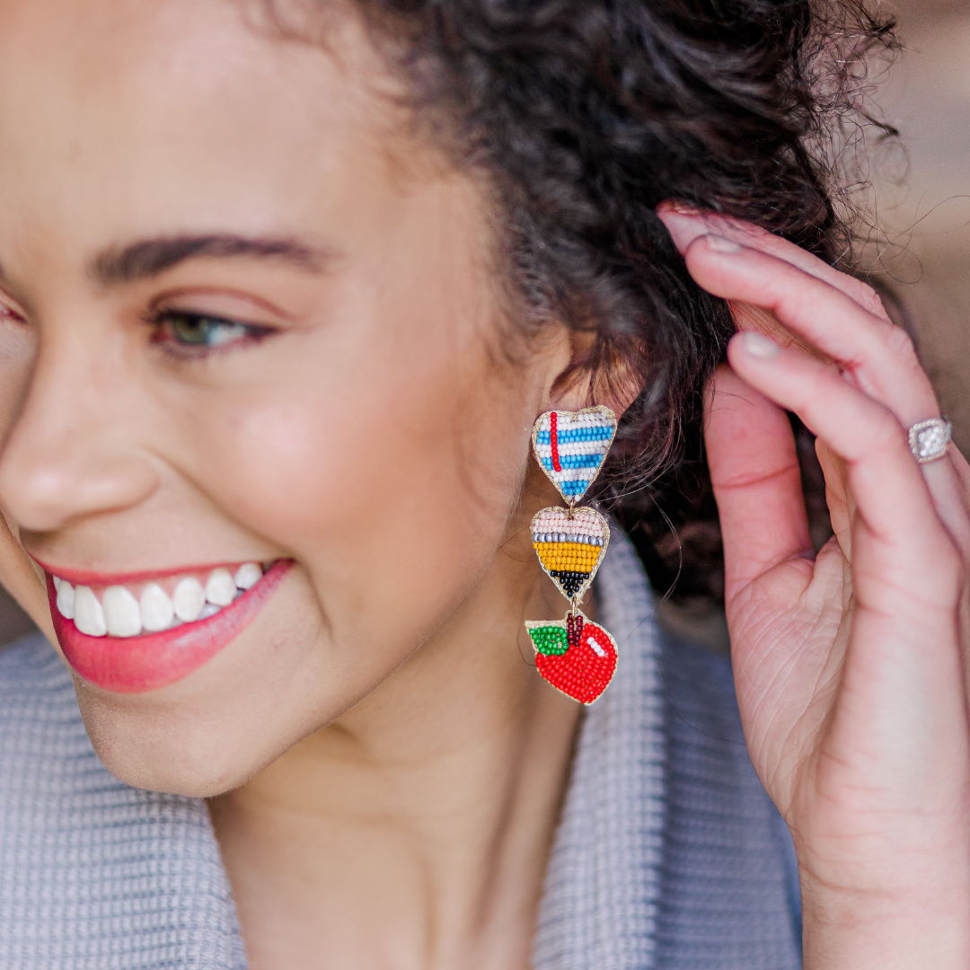 Beaded Paper Pencil Apple Dangle Earrings