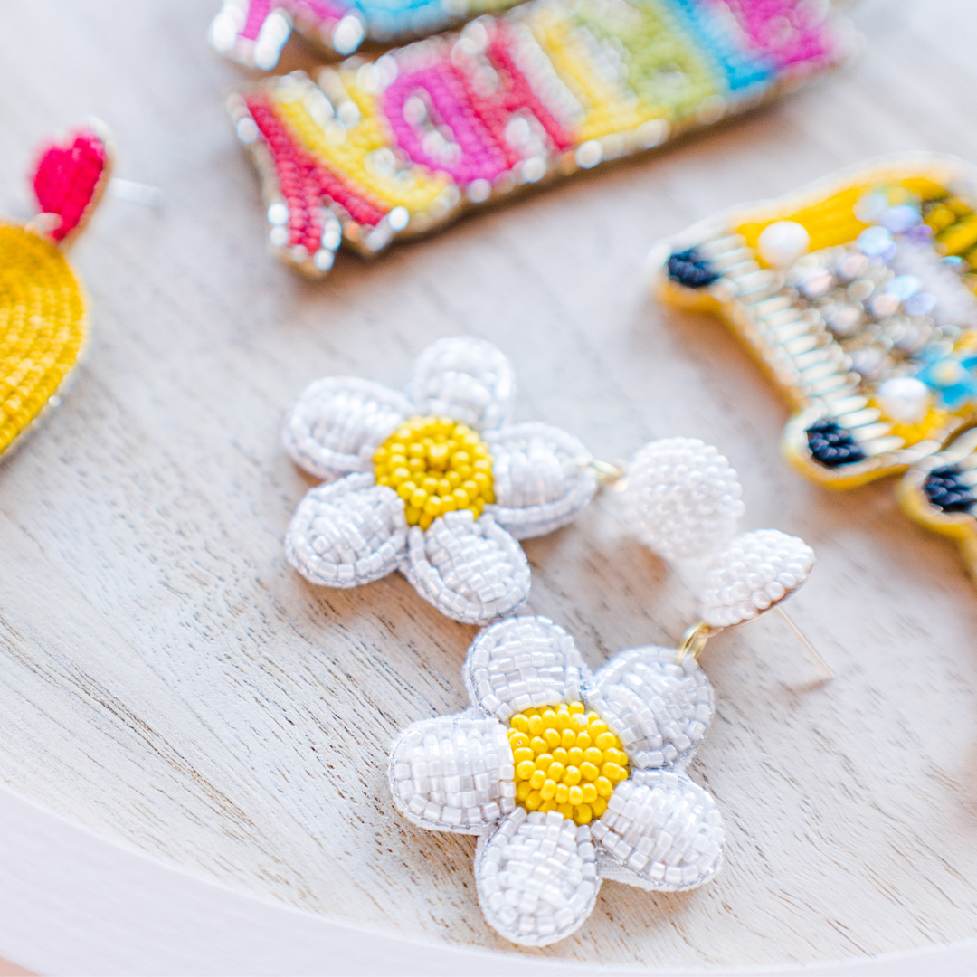 Beaded White Daisy Earrings